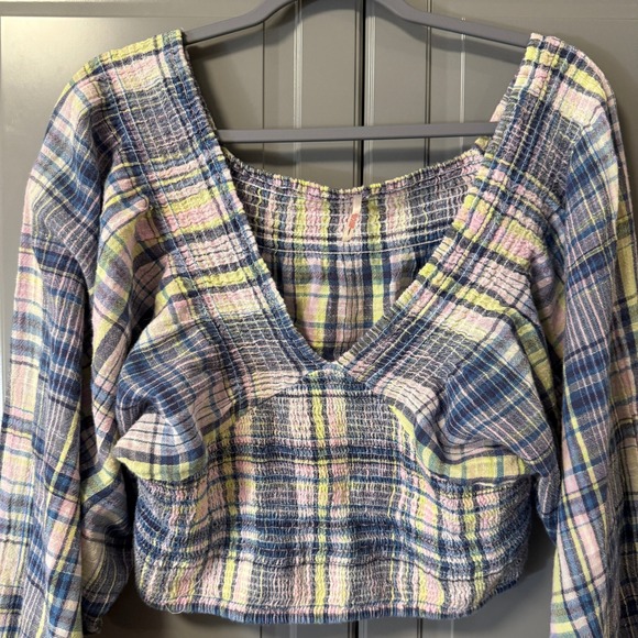 Free People Marlena Plaid‎ Balloon Long Sleeve Smocked Crop Top, Multi,M - Picture 4 of 13